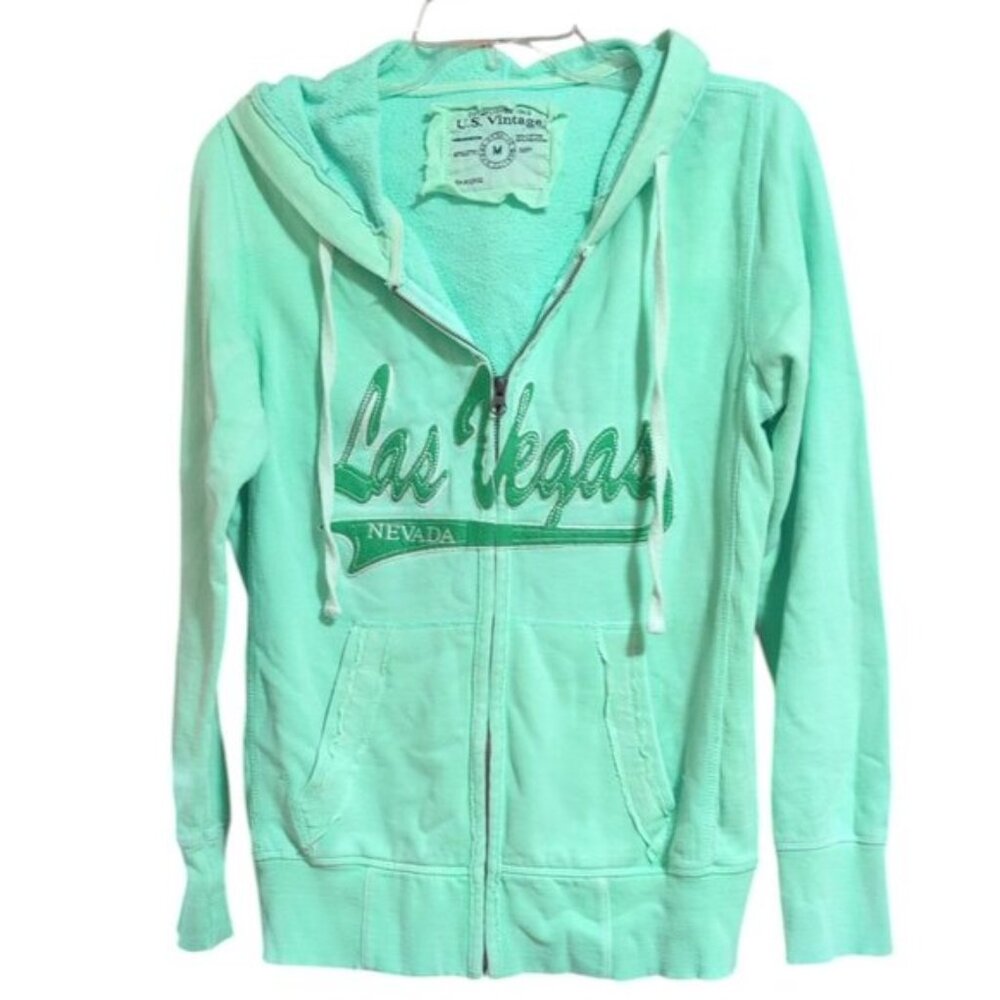 Y2K USVintage Fleece Hoodie Full zip Mint Sweater with Pockets Long Sleeve